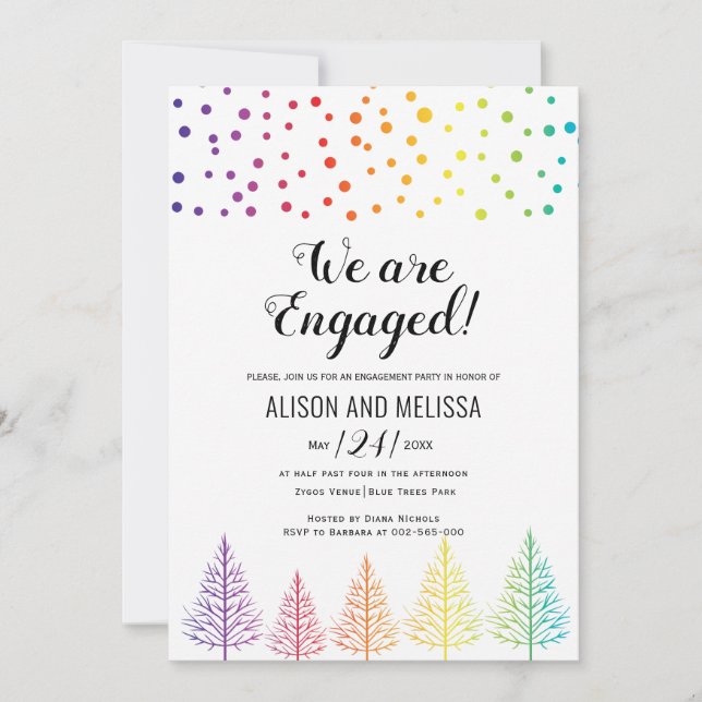 Invitation Rainbow couleurs arbres points de fiançailles lesb (Devant)