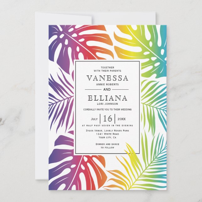 Invitation Rainbow couleurs tropicale feuille gay lesbienne m (Devant)