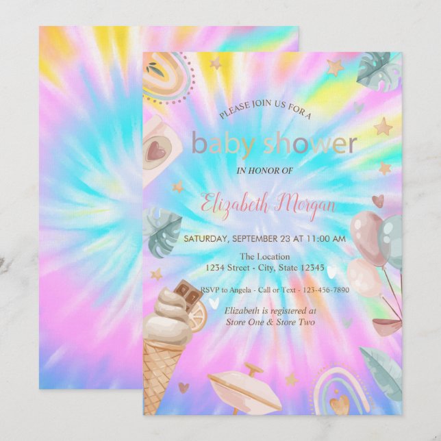 Invitation Rainbow crème glacée Balloons Tie Dye Baby shower (Devant / Derrière)