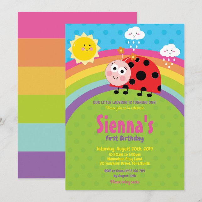Invitation Rainbow Cute Ladybug 1er Anniversaire Fille de fêt (Devant / Derrière)
