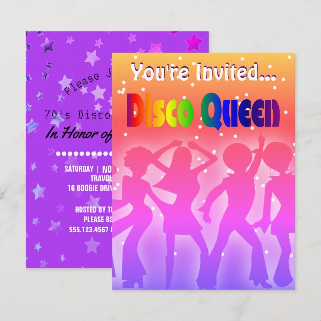 Invitation Rainbow Disco Queen| Étoiles de les années 70 rétr (Devant / Derrière)