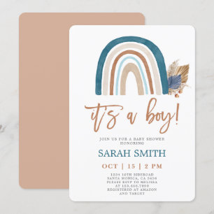 Invitation Rainbow Dusty Baby shower bleu boho garçon