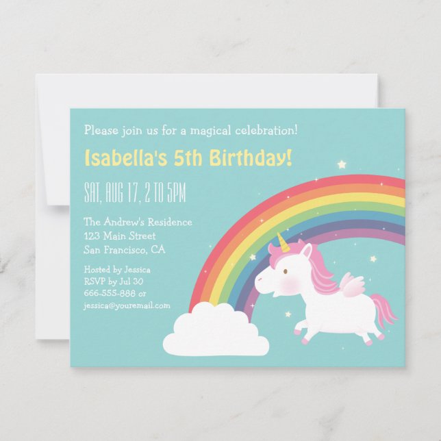 Invitation Rainbow et Unicorn Girls Birthday Party (Devant)