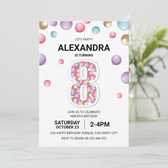 Invitation Rainbow fête du 8e anniversaire, fille en ballons  (Debout devant)