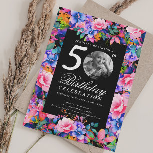 Invitation Rainbow Floral Garden Photo 50th Birthday Black