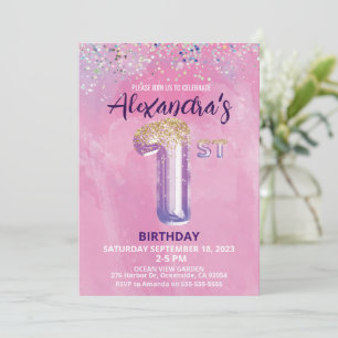 Invitation Rainbow Foil Balloon Girl 1er anniversaire Invitat