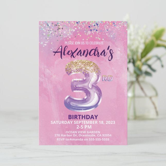 Invitation Rainbow Foil Balloon Girl 3ème anniversaire Invita (Debout devant)