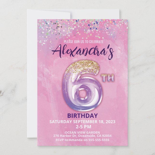Invitation Rainbow Foil Balloon Girl 6e anniversaire Invitati (Devant)