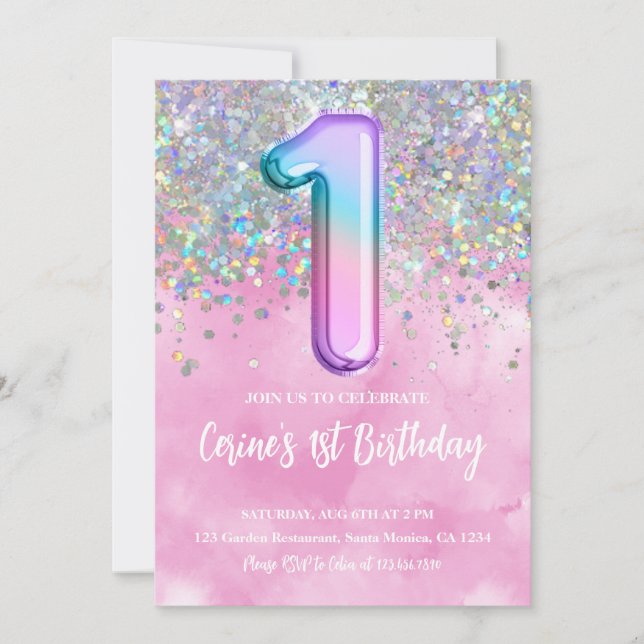 Invitation Rainbow Foil Girl premier anniversaire (Devant)