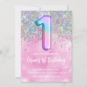 Invitation Rainbow Foil Girl premier anniversaire