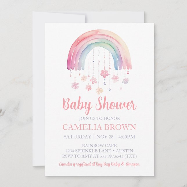 Invitation Rainbow Girl Baby shower Pastel Aquarelle (Devant)