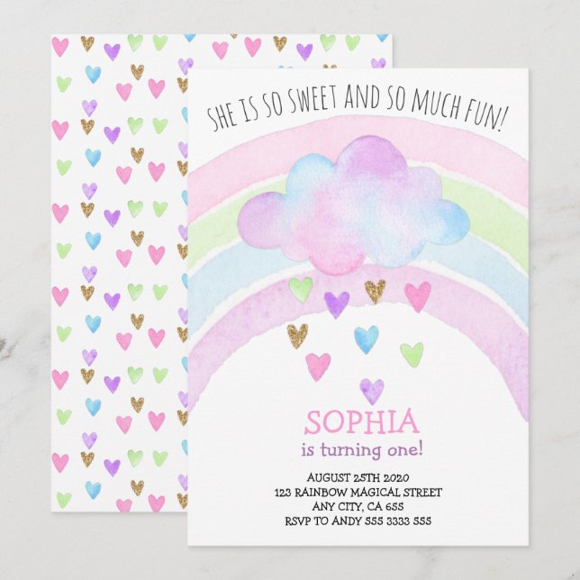 Invitation Rainbow Girl premier anniversaire Parties scintill (Devant / Derrière)