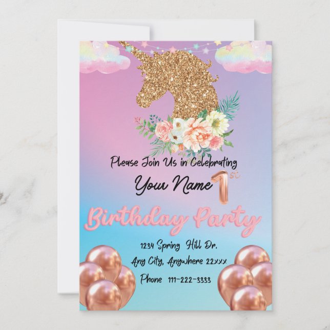 Invitation Rainbow Gold Unicorn Anniversaire (Devant)