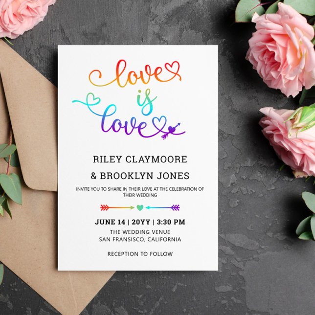 Invitation Rainbow Heart Script Love Is Love LGBT Mariage (Créateur téléchargé)