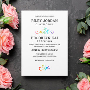Invitation Rainbow Heart Script mignon Mariage LGBT