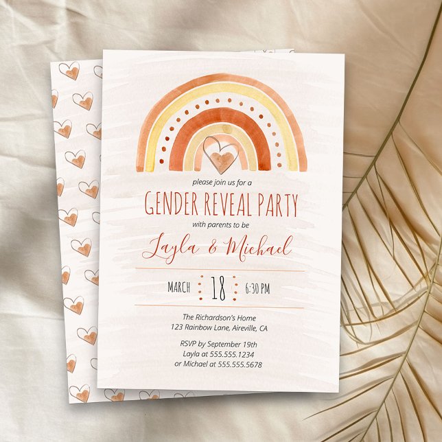Invitation Rainbow Heart Watercolor Wash Sexe Révéler (Neutral Rainbow gender reveal invitation)
