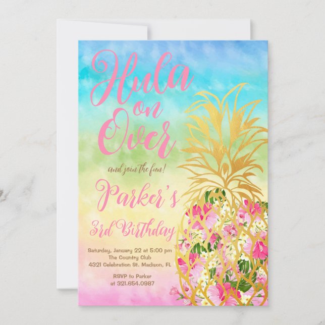 Invitation Rainbow Hula sur, Luau, Anniversaire de l'ananas (Devant)