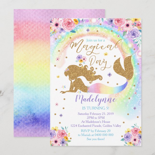 Invitation Rainbow Mermaid (Devant / Derrière)