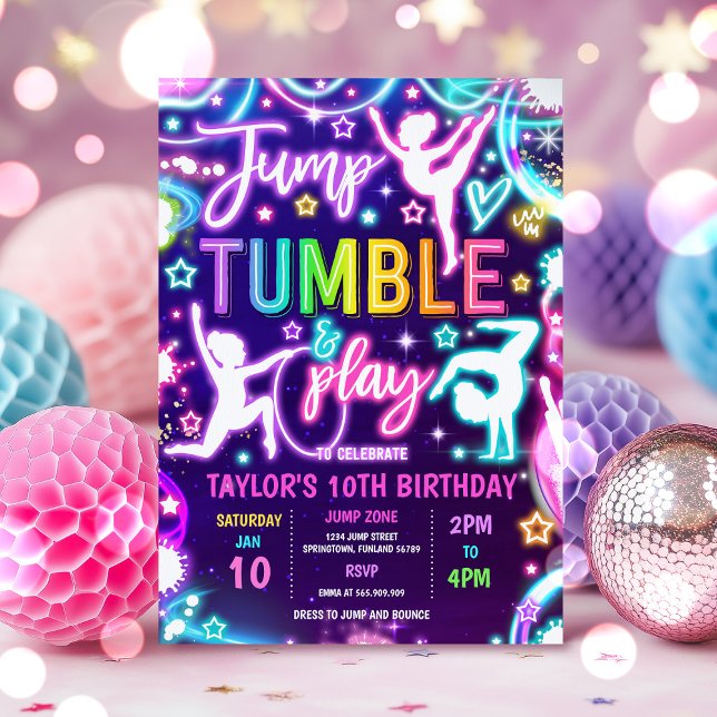 Invitation Rainbow Neon Glow Jump Gymnastique Anniversaire (Créateur téléchargé)