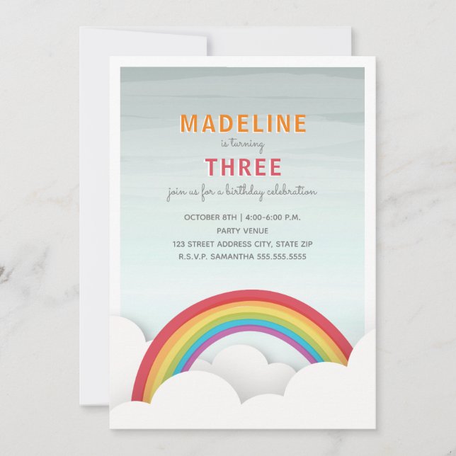 Invitation Rainbow Nuages Aquarelle Ciel fête d'anniversaire (Devant)