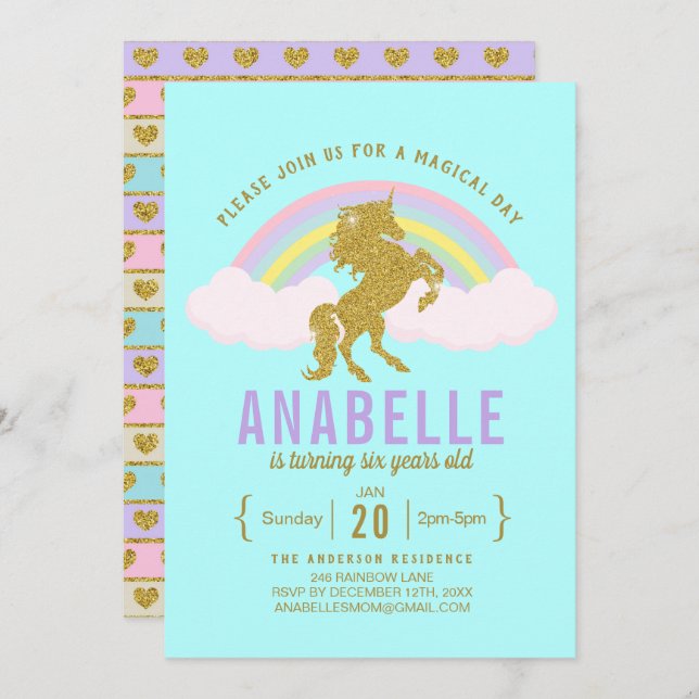 Invitation Rainbow Parties scintillant Unicorn Anniversaire F (Devant / Derrière)