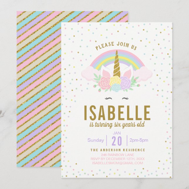 Invitation Rainbow Parties scintillant Unicorn Anniversaire F (Devant / Derrière)
