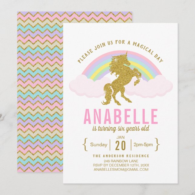 Invitation Rainbow Parties scintillant Unicorn Anniversaire F (Devant / Derrière)