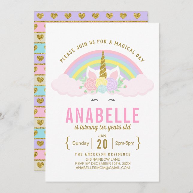 Invitation Rainbow Parties scintillant Unicorn Anniversaire F (Devant / Derrière)