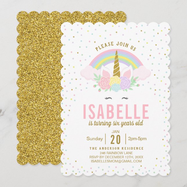 Invitation Rainbow Parties scintillant Unicorn Anniversaire F (Devant / Derrière)