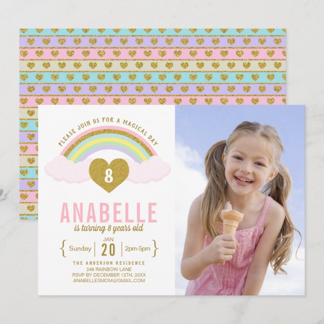 Invitation Rainbow Parties scintillant Unicorn Photo Annivers (Devant / Derrière)