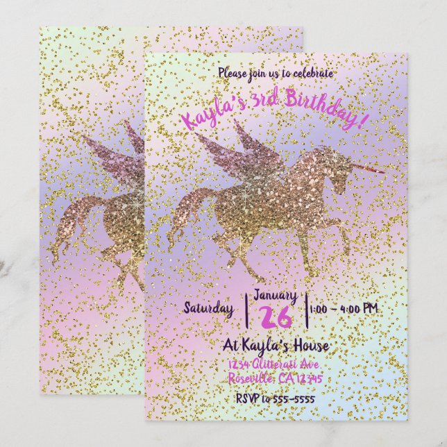 Invitation Rainbow Pastel Gold Parties scintillant Unicorn An (Devant / Derrière)