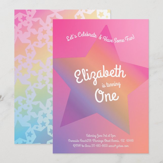 Invitation Rainbow Pastel Stars 1er anniversaire Pink (Devant / Derrière)