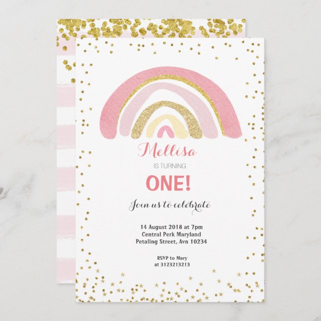 Invitation Rainbow Pink 1er Birthday (Devant / Derrière)