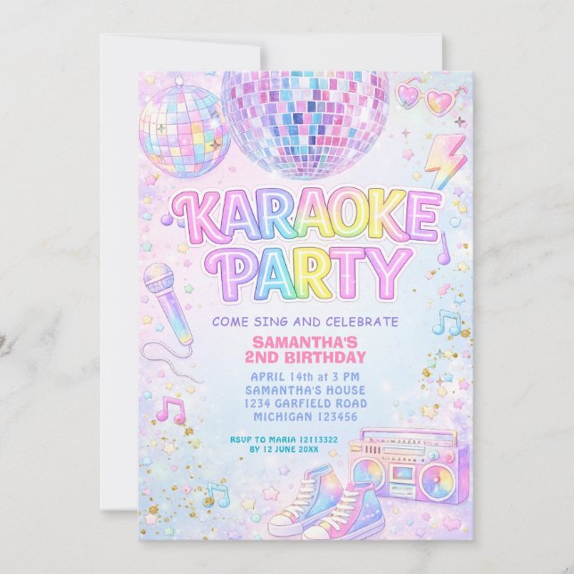 Invitation Rainbow Pink Disco Ball Karaoke Birthday  (Devant)