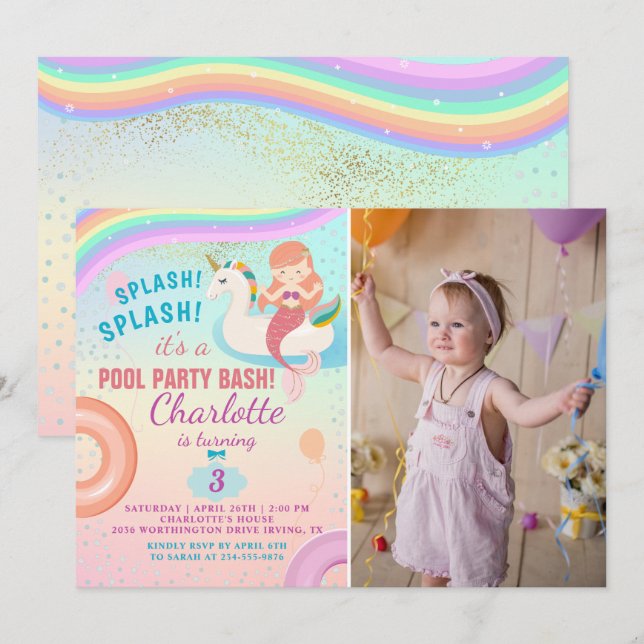 Invitation Rainbow Pool Party Unicorn Mermaid Birthday Photo (Devant / Derrière)