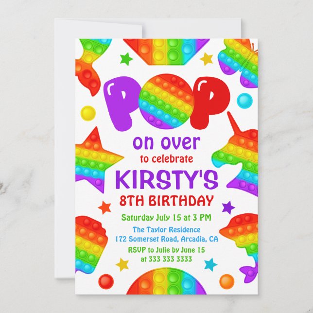 Invitation Rainbow Pop It Fidget Jouet Anniversaire Fille (Devant)