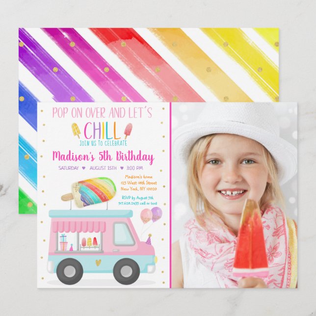 Invitation Rainbow Popsicle Ice Cream Camion Anniversaire (Devant / Derrière)