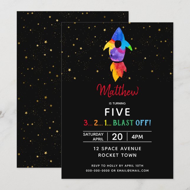 Invitation Rainbow Rocket Ship Exterspace Anniversaire (Devant / Derrière)