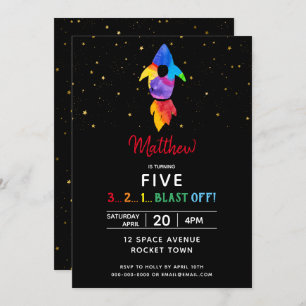 Invitation Rainbow Rocket Ship Exterspace Anniversaire