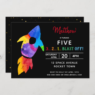 Invitation Rainbow Rocket Ship Exterspace Anniversaire