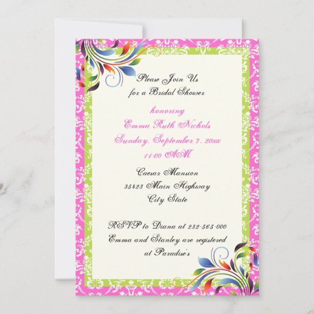Invitation Rainbow scroll leaf damask wedding bridal shower (Devant)