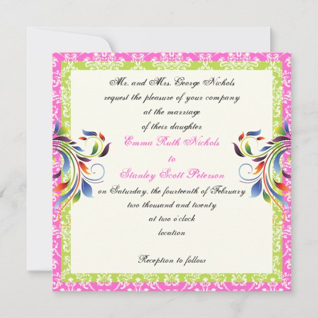 Invitation Rainbow scroll leaf mariage damassé (Devant)