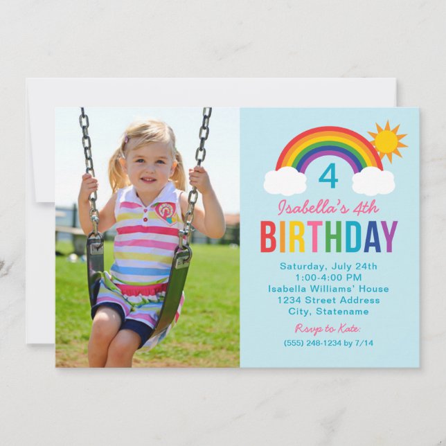 Invitation Rainbow Sky Blue Photo Girls Anniversaire (Devant)