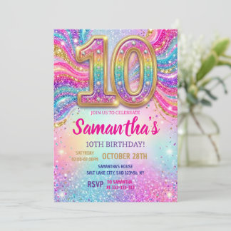 Invitation Rainbow Sparkle Glitter 10th Birthday Party