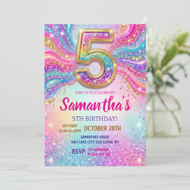 Invitation Rainbow Sparkle Glitter 5th Birthday Party (Debout devant)