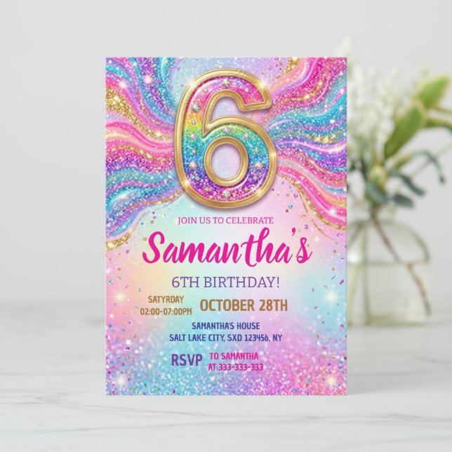 Invitation Rainbow Sparkle Glitter 6th Birthday Party (Debout devant)