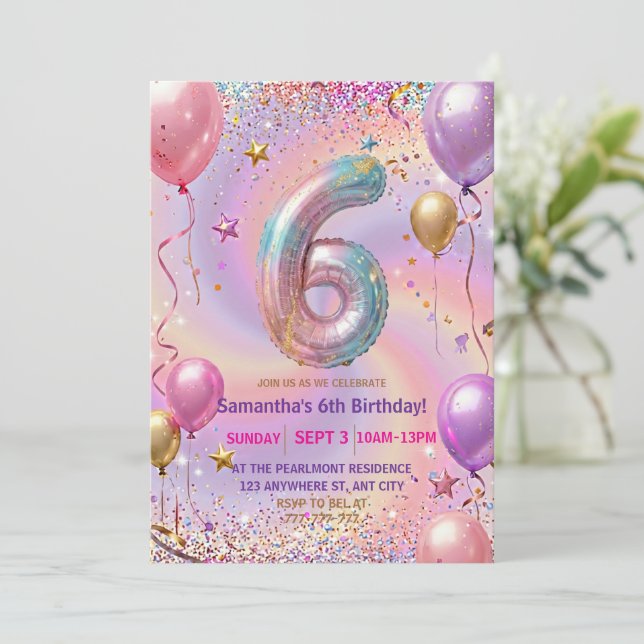 Invitation Rainbow Sparkle Glitter 6th Birthday Party (Debout devant)