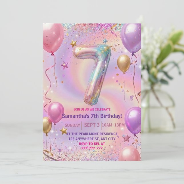Invitation Rainbow Sparkle Glitter 7th Birthday Party (Debout devant)
