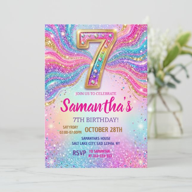 Invitation Rainbow Sparkle Glitter 7th Birthday Party (Debout devant)
