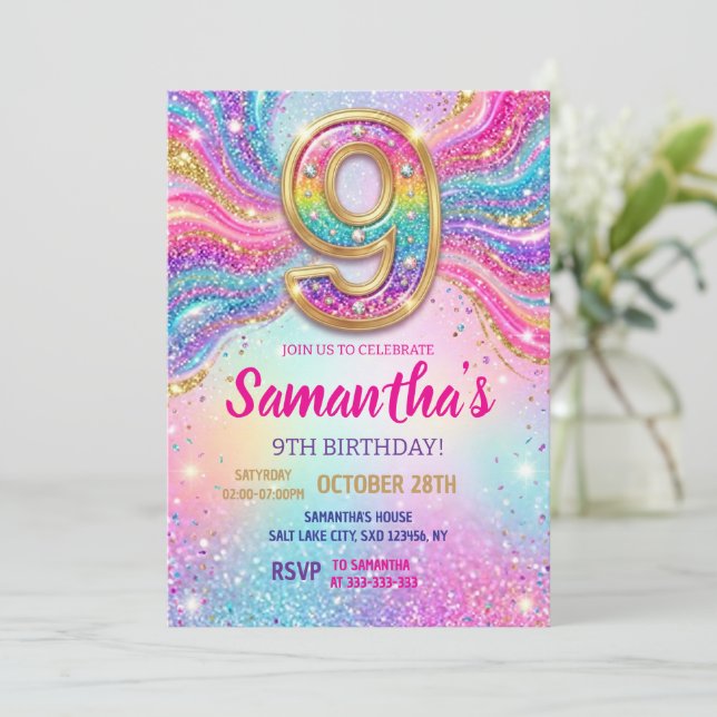 Invitation Rainbow Sparkle Glitter 9th Birthday Party  (Debout devant)